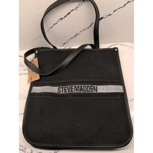 Steve Madden City Tote Bag Purse‎ Black Canvas Sequins Detachable Small Bag NWT